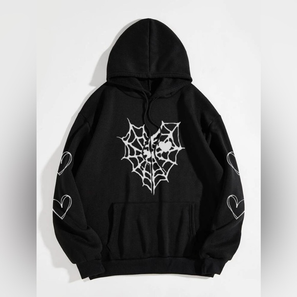 SHEIN Tops - New Plus Spider Web Print Kangaroo Pocket Drawstring Hoodie. Size 2XL